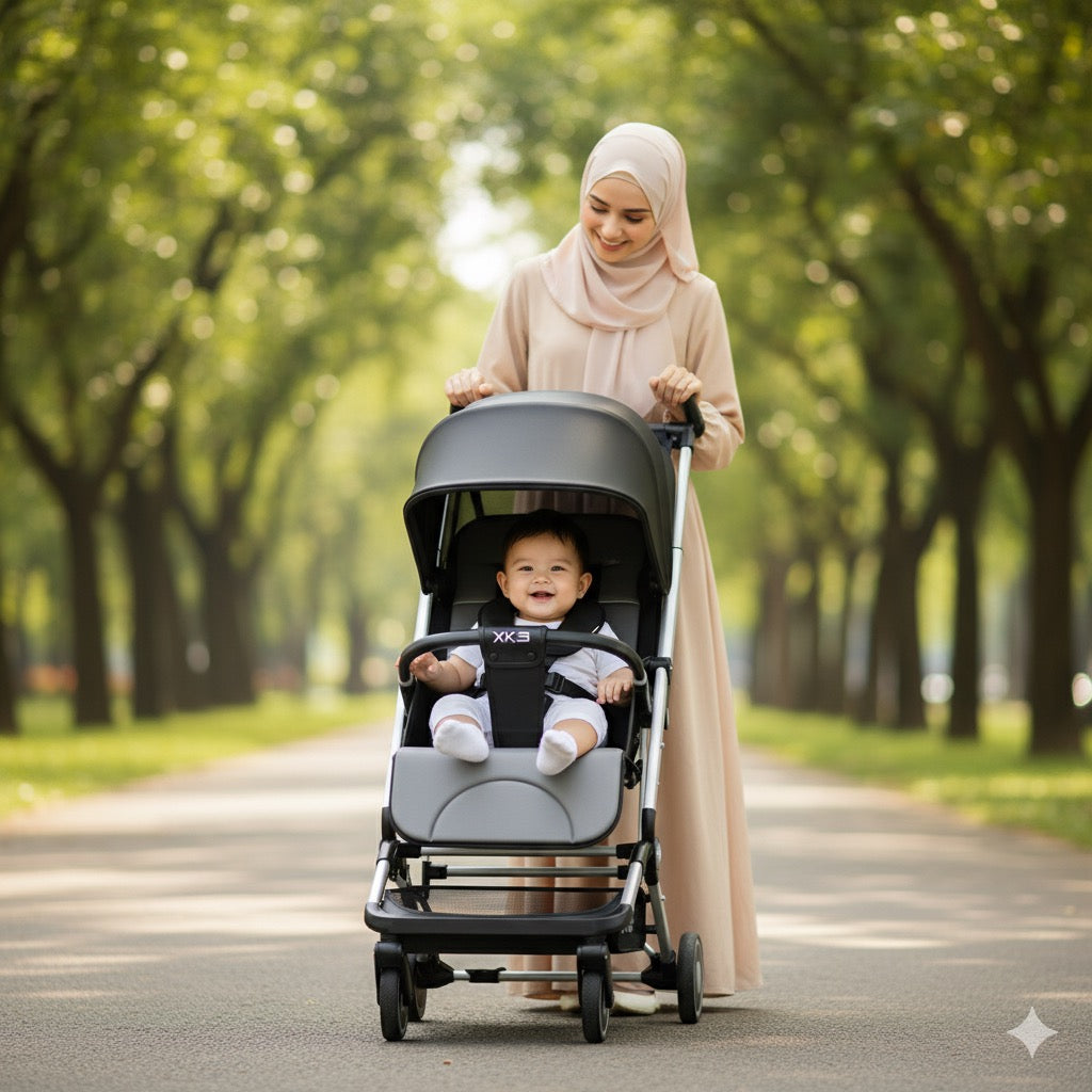 عربة أطفال خفيفة الوزن بنقرة واحدة، قابلة للسحب بسرعة، مع حماية من الأشعة فوق البنفسجية وسلة تخزين